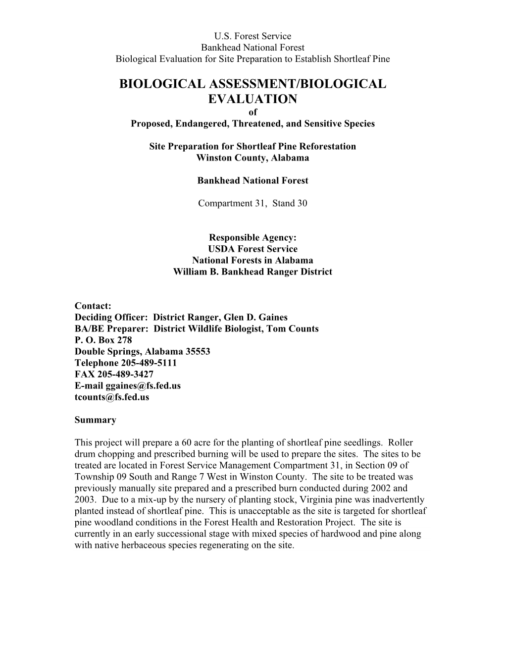 Biological Evaluation for Site Preparation to Establish Shortleaf Pine