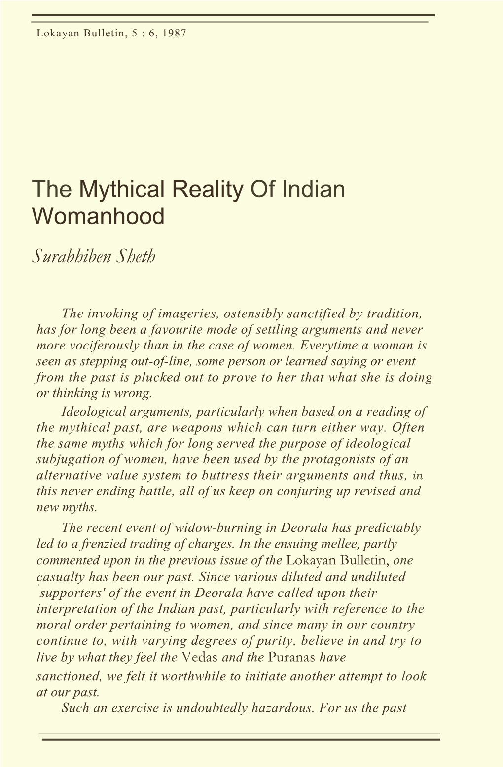 The Mythical Reality of Indian Womanhood Surabhiben Sheth