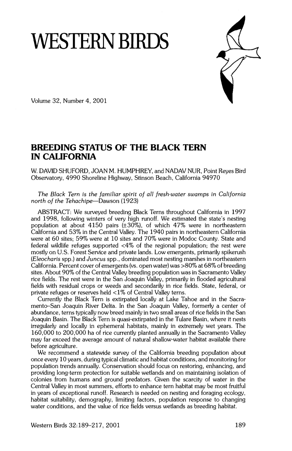 Breeding Status of the Black Tern in California