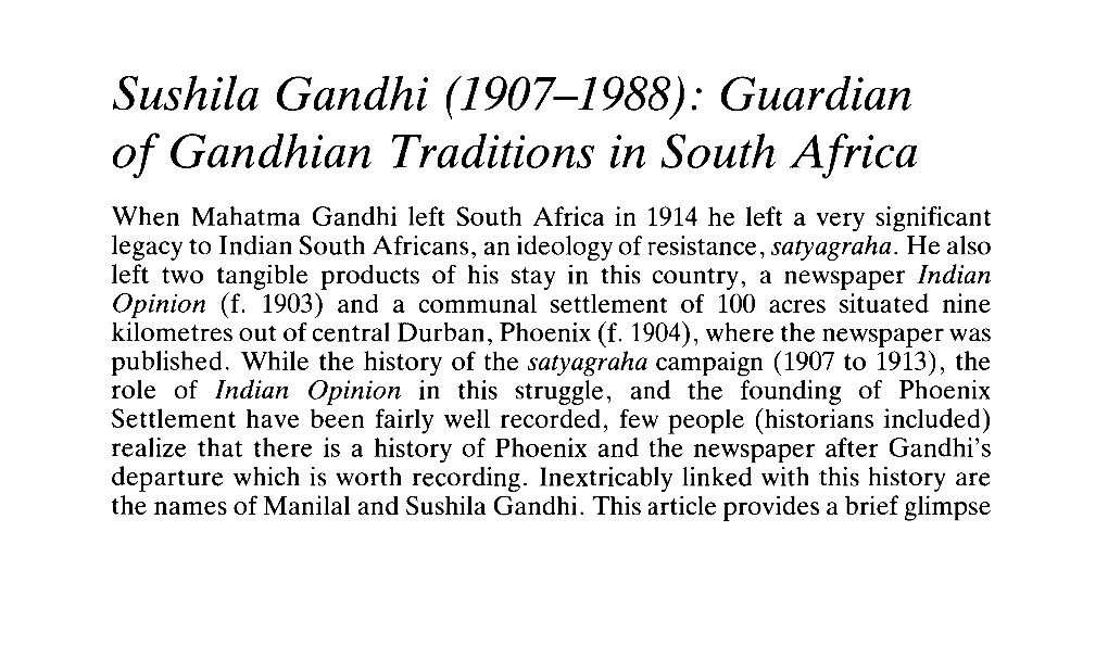 Sushila Gandhi (1907-1988): Guardian of Gandhian Traditions in South Africa