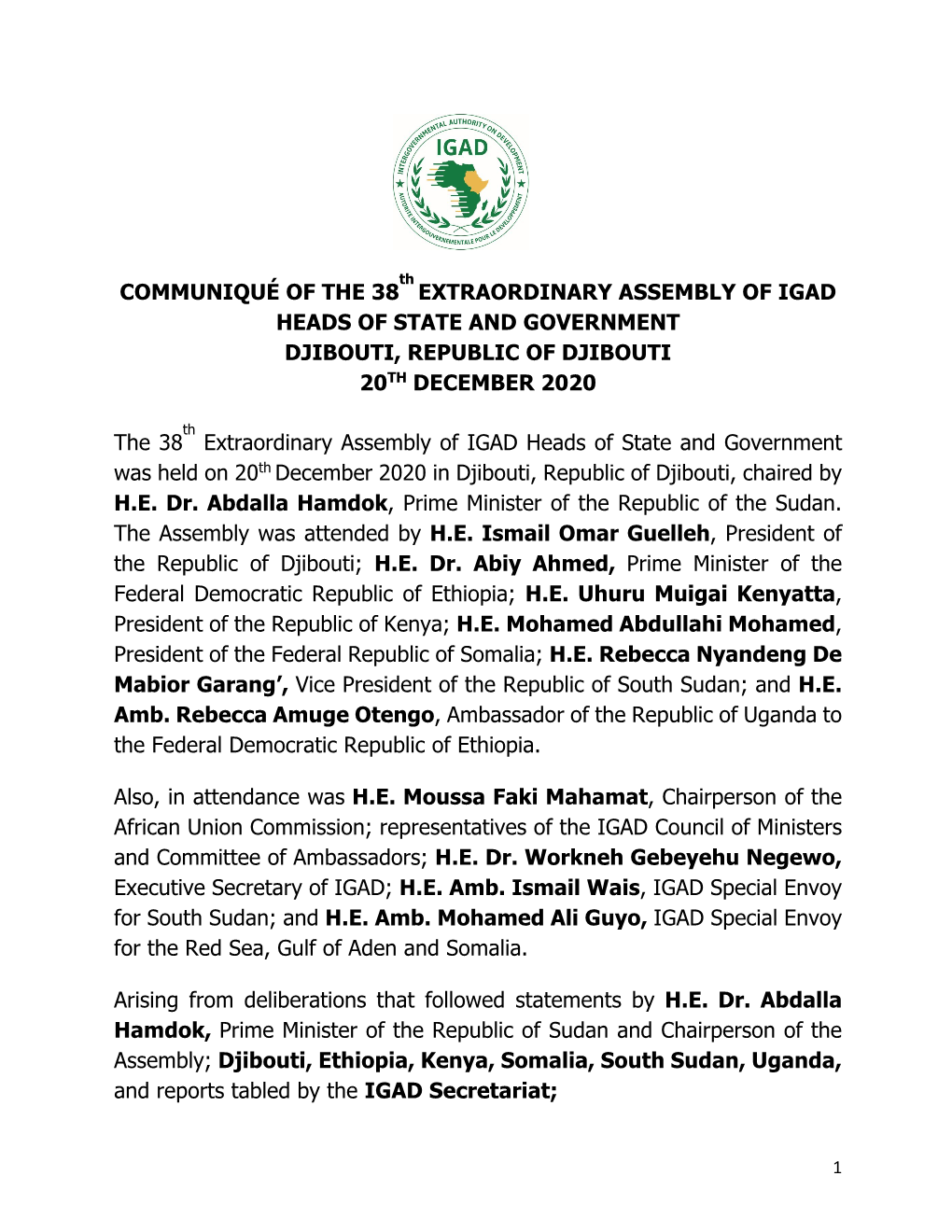 Communiqué of the 38 Extraordinary Assembly of Igad Heads of State and Government Djibouti, Republic of Djibouti 20Th December 2020
