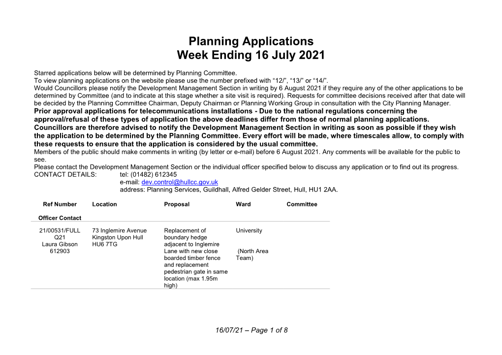 Planning Applications Week Ending 16 July 2021