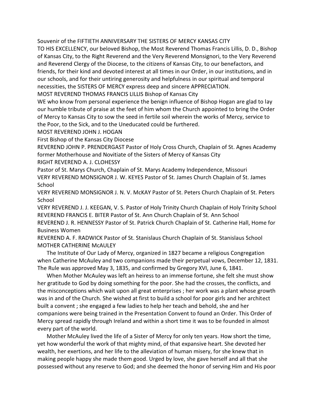 Souvenir of the FIFTIETH ANNIVERSARY the SISTERS of MERCY KANSAS CITY to HIS EXCELLENCY, Our Beloved Bishop, the Most Reverend Thomas Francis Lillis, D