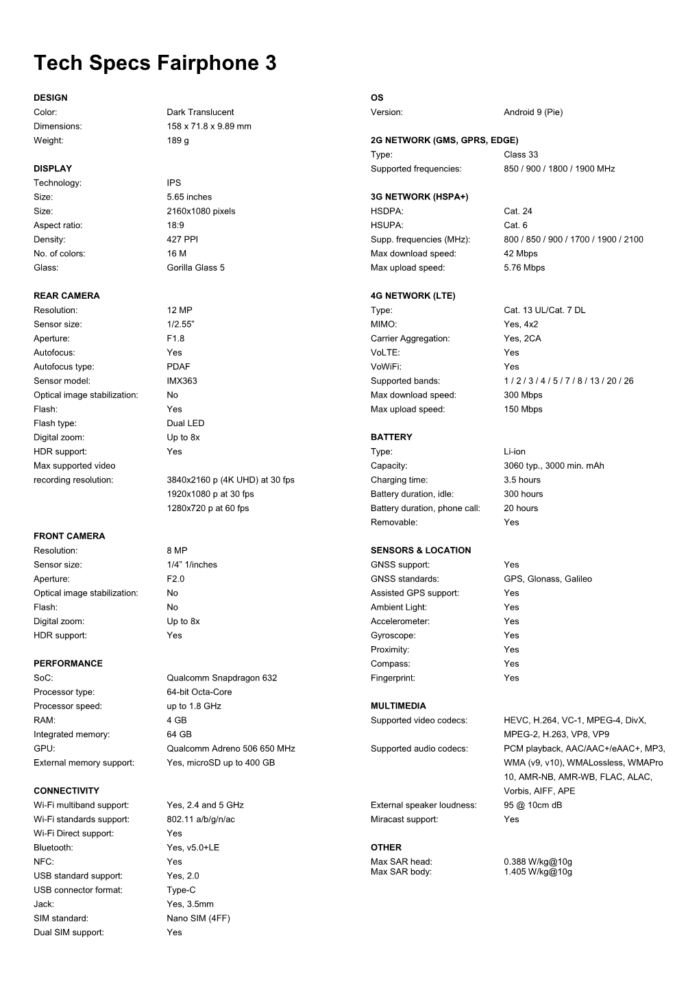 Tech Specs Fairphone 3