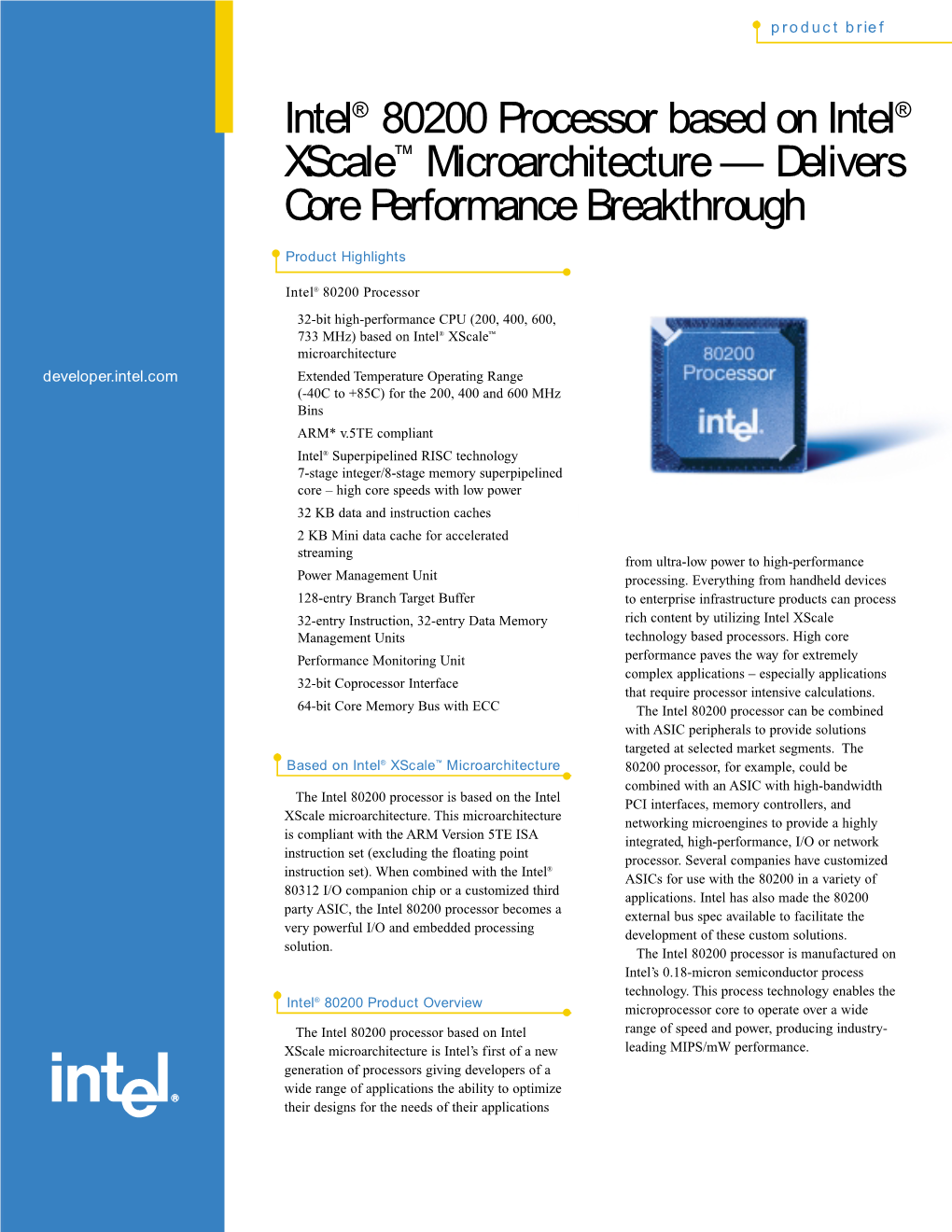 Intel® 80200 Processor Based on Intel® Xscale™ Microarchitecture — Delivers Core Performance Breakthrough