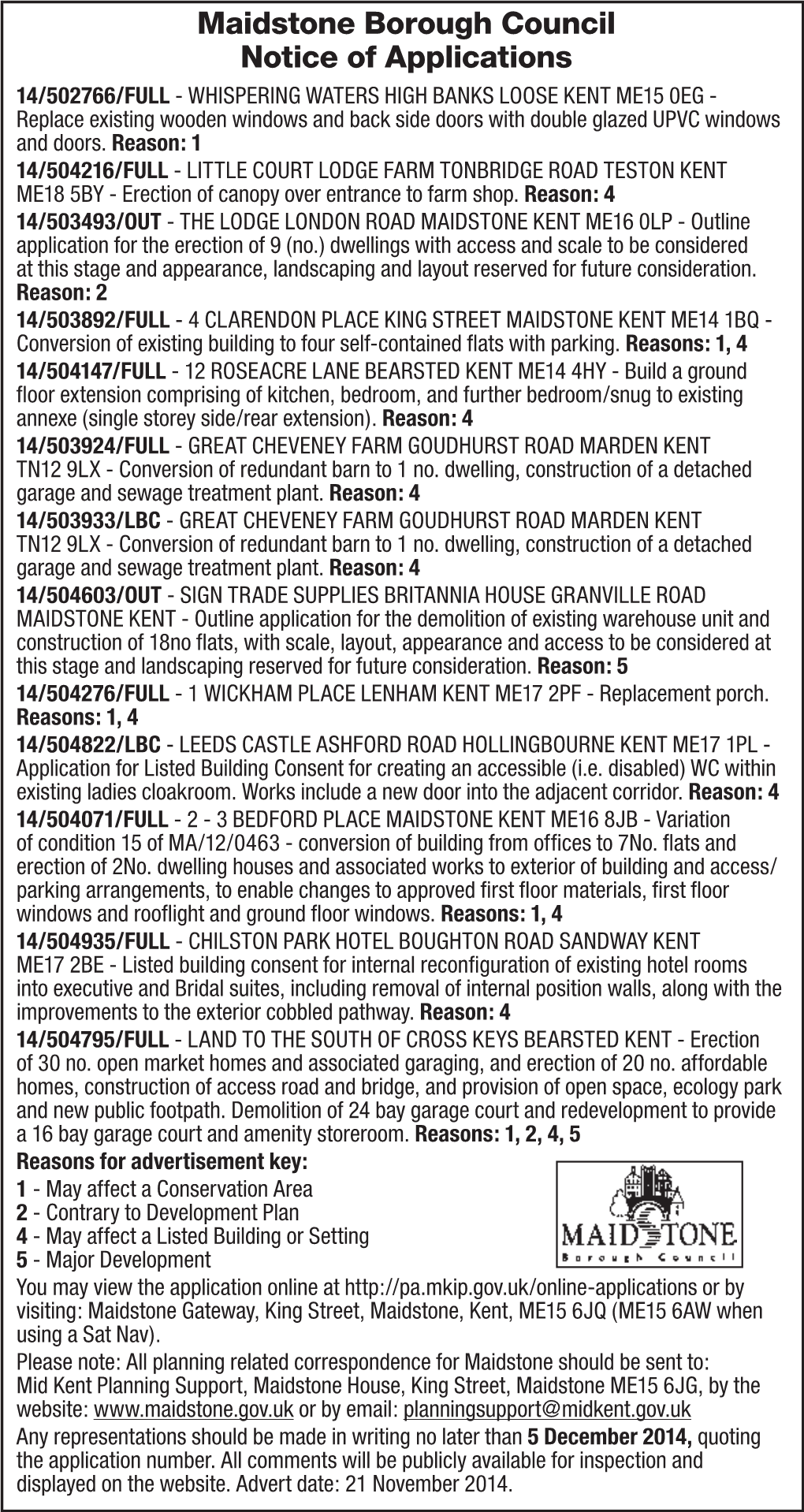 Maidstone Borough Council Notice of Applications