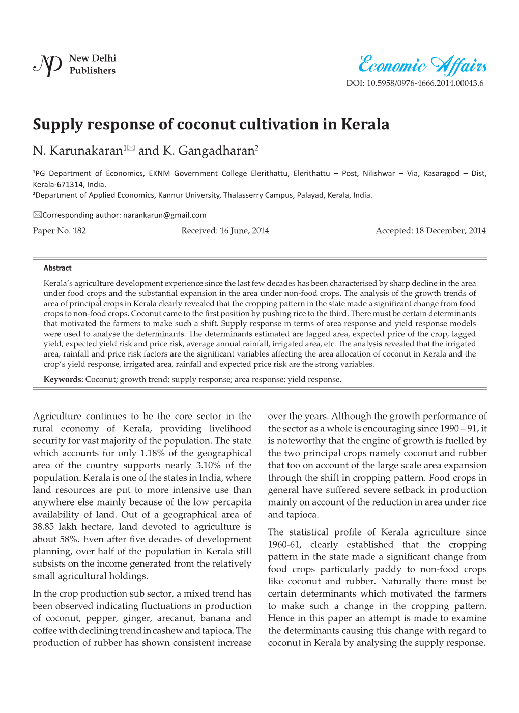 Supply Response of Coconut Cultivation in Kerala N