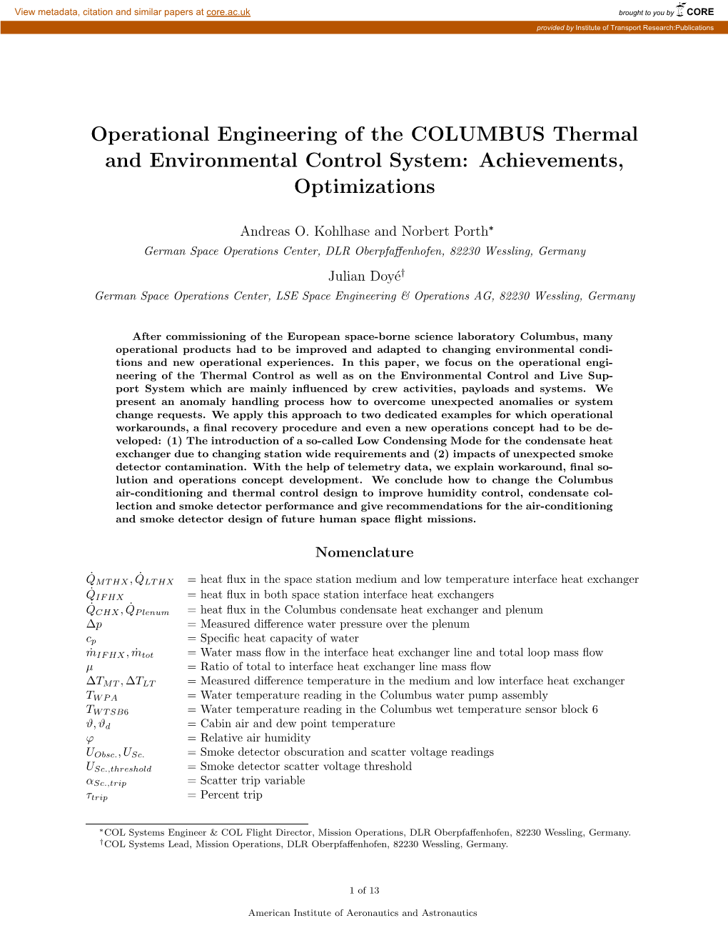 Operational Engineering of the COLUMBUS Thermal and Environmental Control System: Achievements, Optimizations