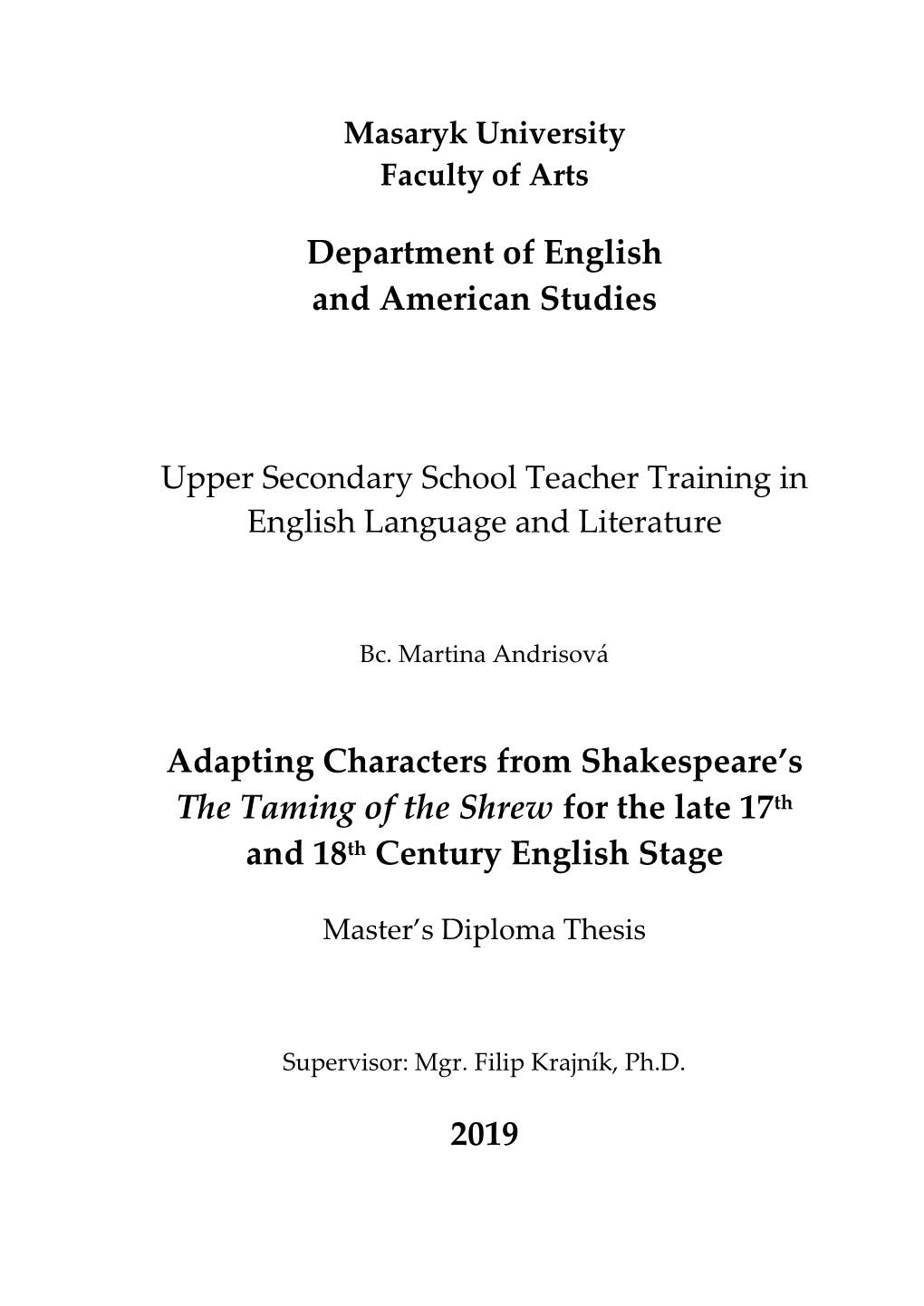 Department of English and American Studies Adapting Characters From