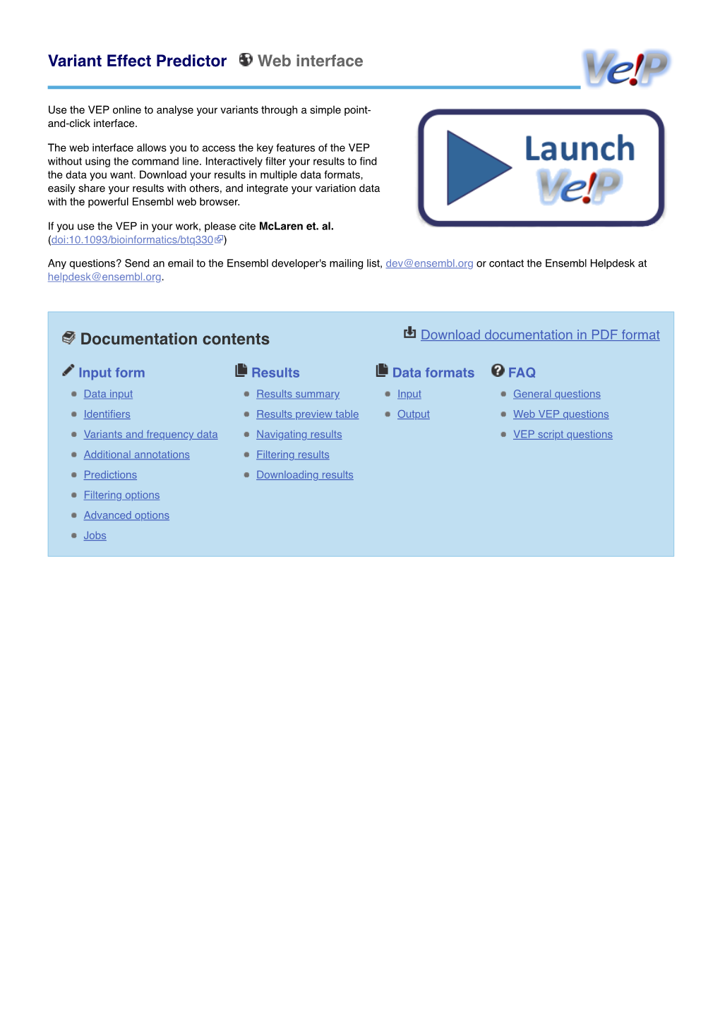 Variant Effect Predictor Web Interface Documentation Contents