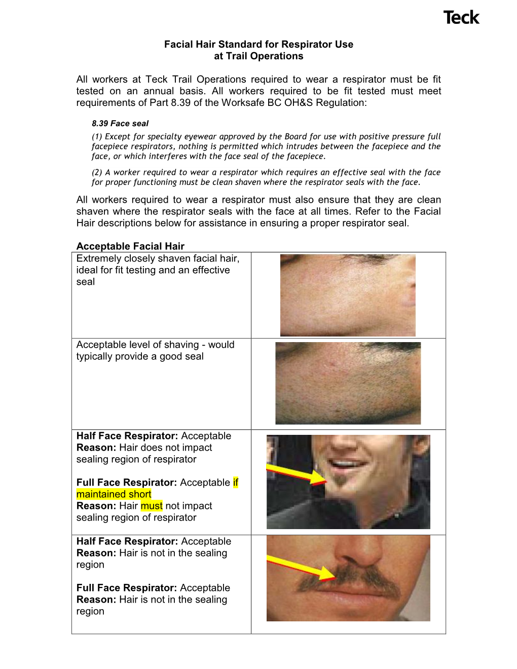 Facial Hair Standard for Respirator Use at Trail Operations