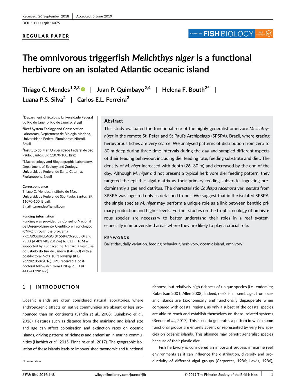 The Omnivorous Triggerfish Melichthys Niger Is a Functional Herbivore on an Isolated Atlantic Oceanic Island