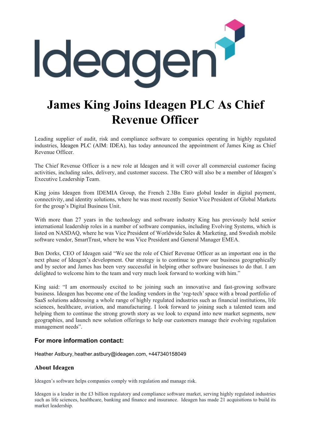 James King Joins Ideagen PLC As Chief Revenue Officer