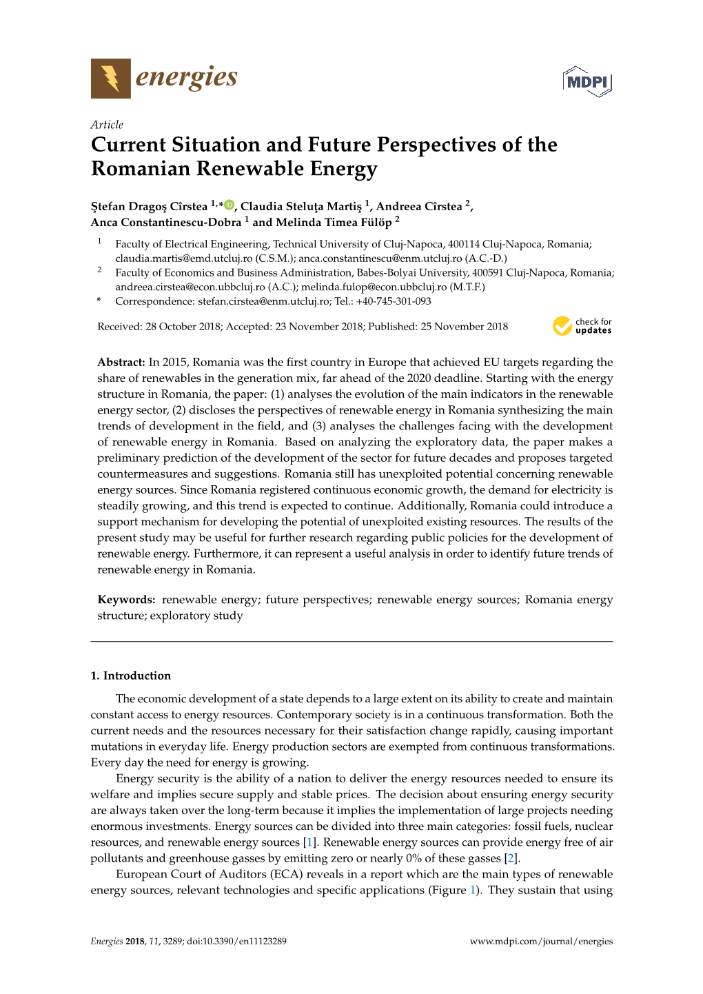 Current Situation and Future Perspectives of the Romanian Renewable Energy