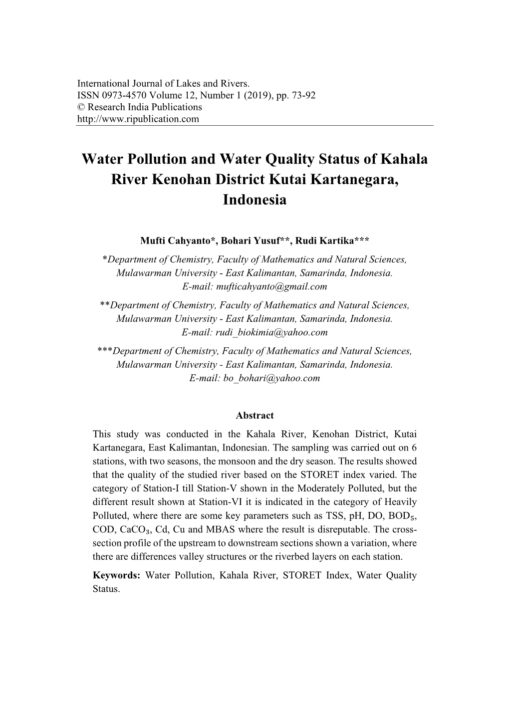 Water Pollution and Water Quality Status of Kahala River Kenohan District Kutai Kartanegara, Indonesia