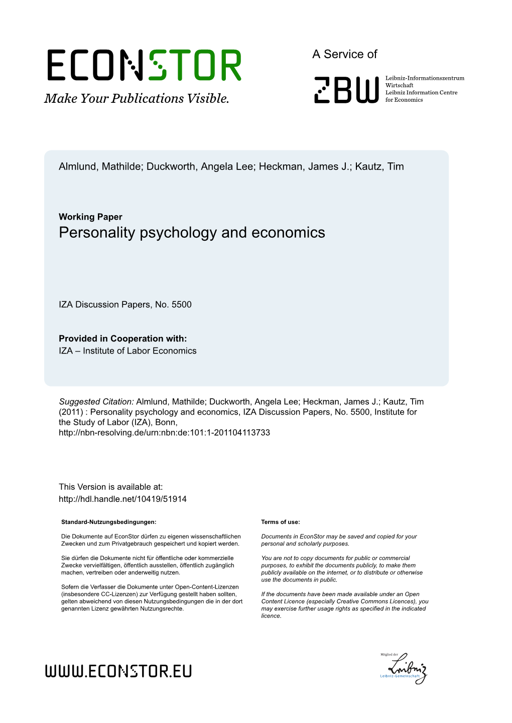 Personality Psychology and Economics