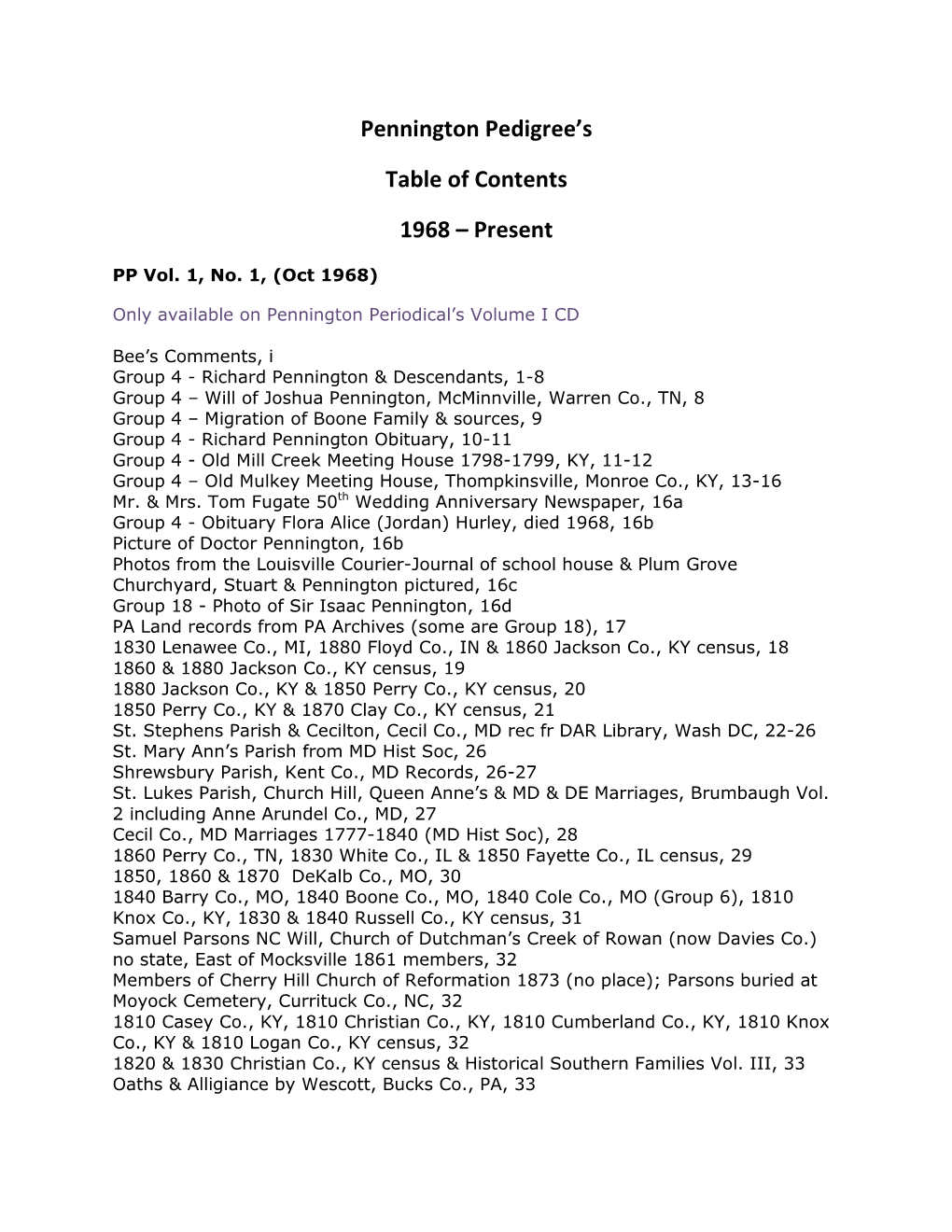 Pennington Pedigrees Table of Contents-Revised 11-3-13