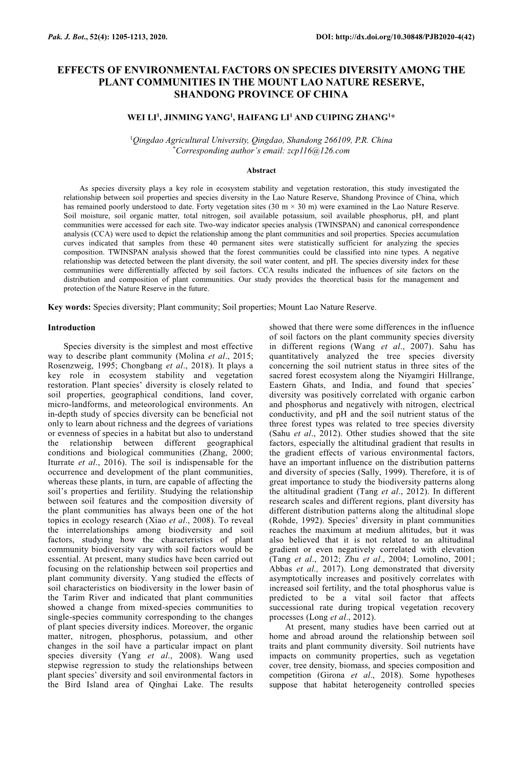 Effects of Environmental Factors on Species Diversity Among the Plant Communities in the Mount Lao Nature Reserve, Shandong Province of China