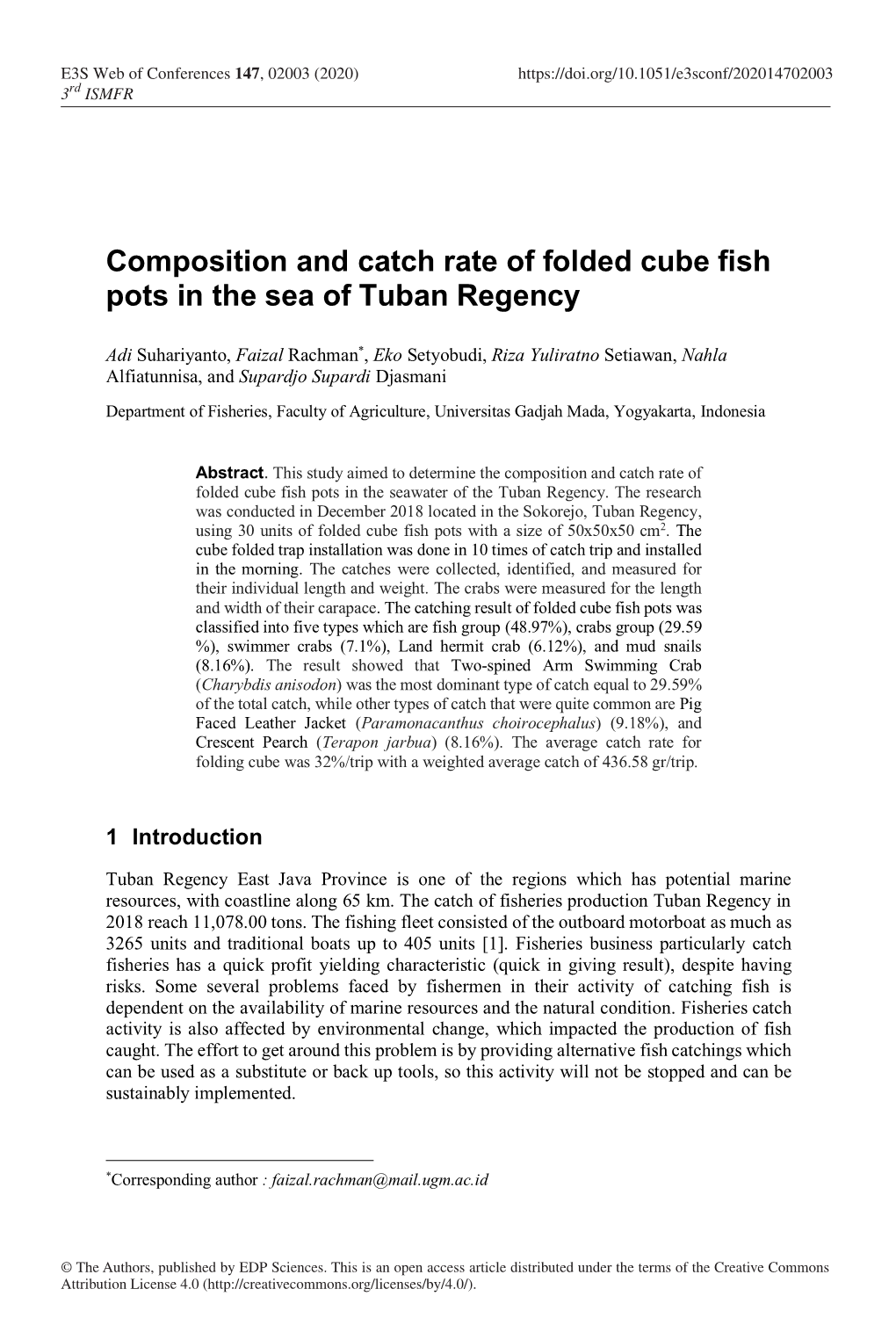 Composition and Catch Rate of Folded Cube Fish Pots in the Sea of Tuban Regency