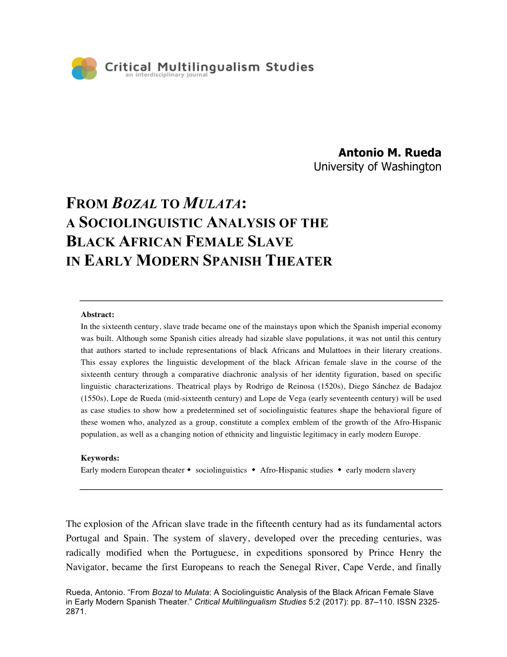 From Bozal to Mulata: a Sociolinguistic Analysis of the Black African Female Slave in Early Modern Spanish Theater