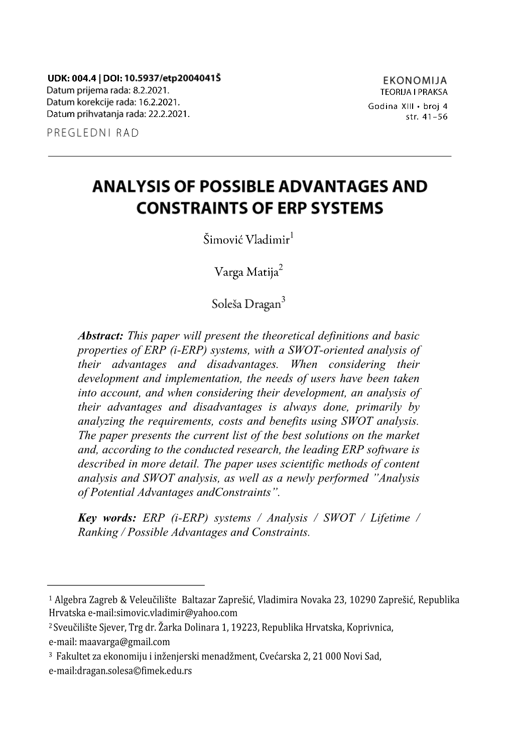 I-ERP) Systems, with a SWOT-Oriented Analysis of Their Advantages and Disadvantages