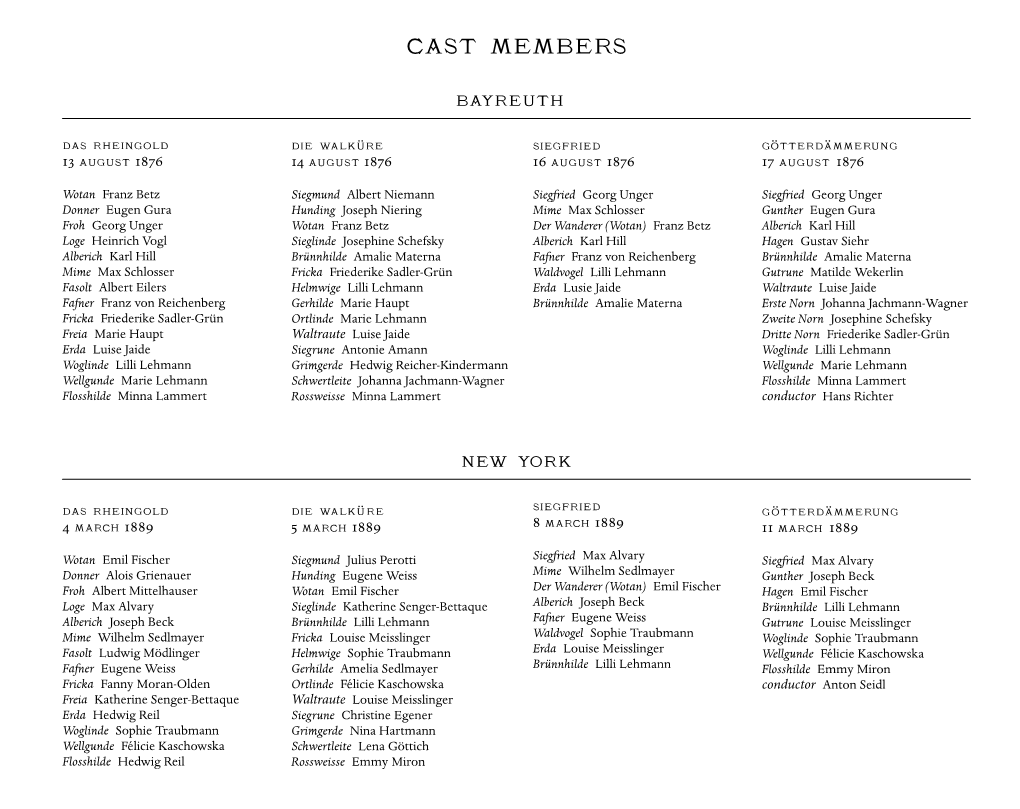 Cast Members Bayreuth Das Rheingold Die Walku¨Re Siegfried Go¨Tterda¨Mmerung 13 August 1876 14 August 1876 16 August 1876 17 August 1876