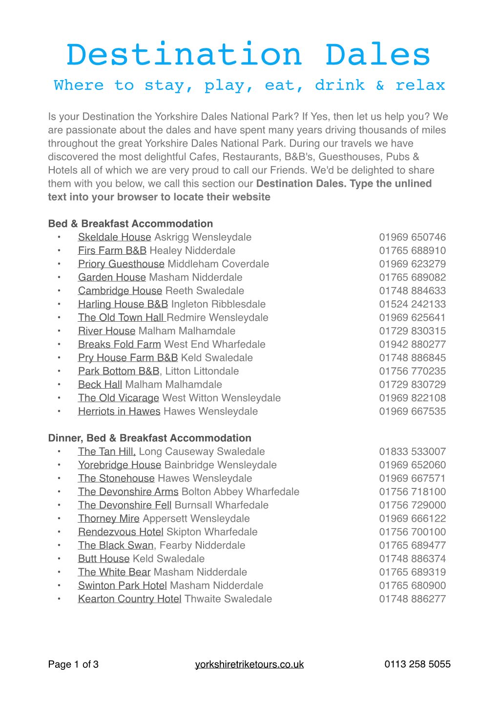 Destination Dales Info List