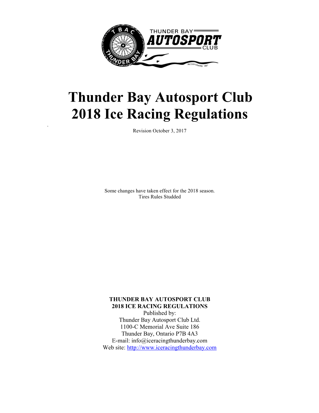 Thunder Bay Autosport Club 2018 Ice Racing Regulations