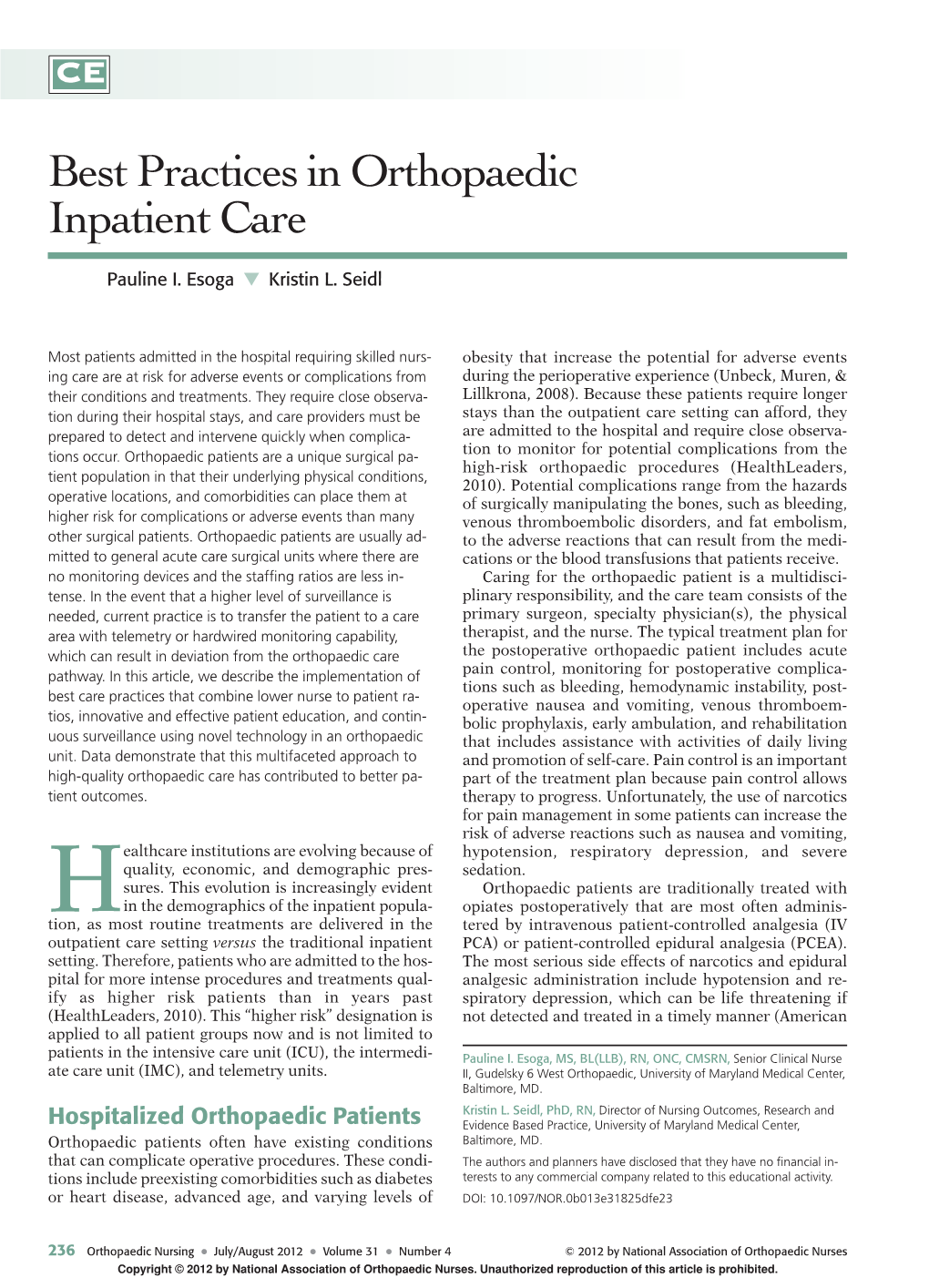 Best Practices in Orthopaedic Inpatient Care