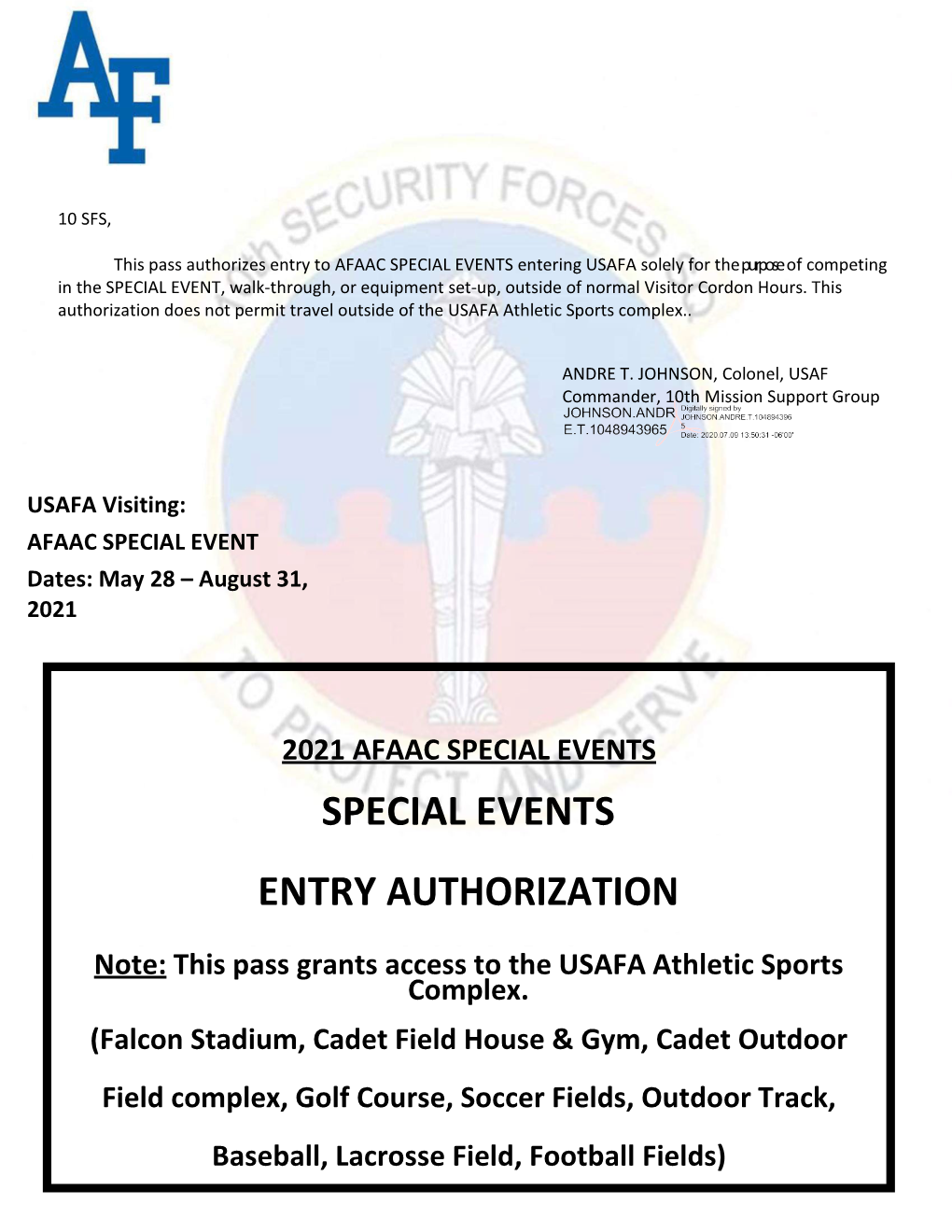 Special Events Entry Authorization