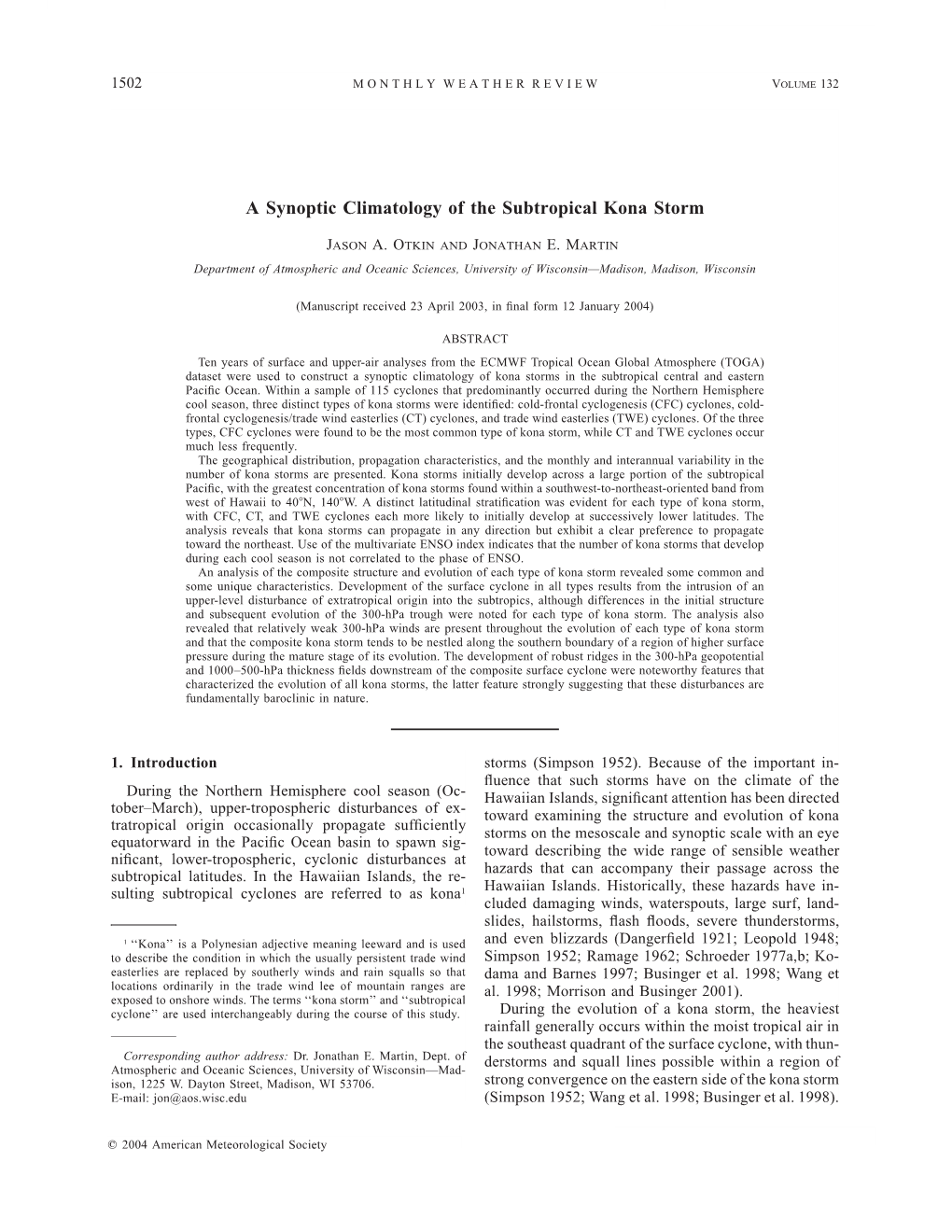 A Synoptic Climatology of the Subtropical Kona Storm