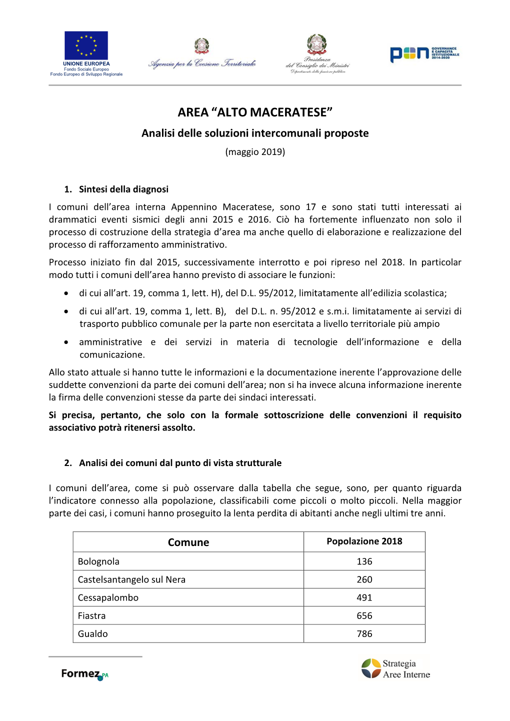 AREA “ALTO MACERATESE” Analisi Delle Soluzioni Intercomunali Proposte (Maggio 2019)