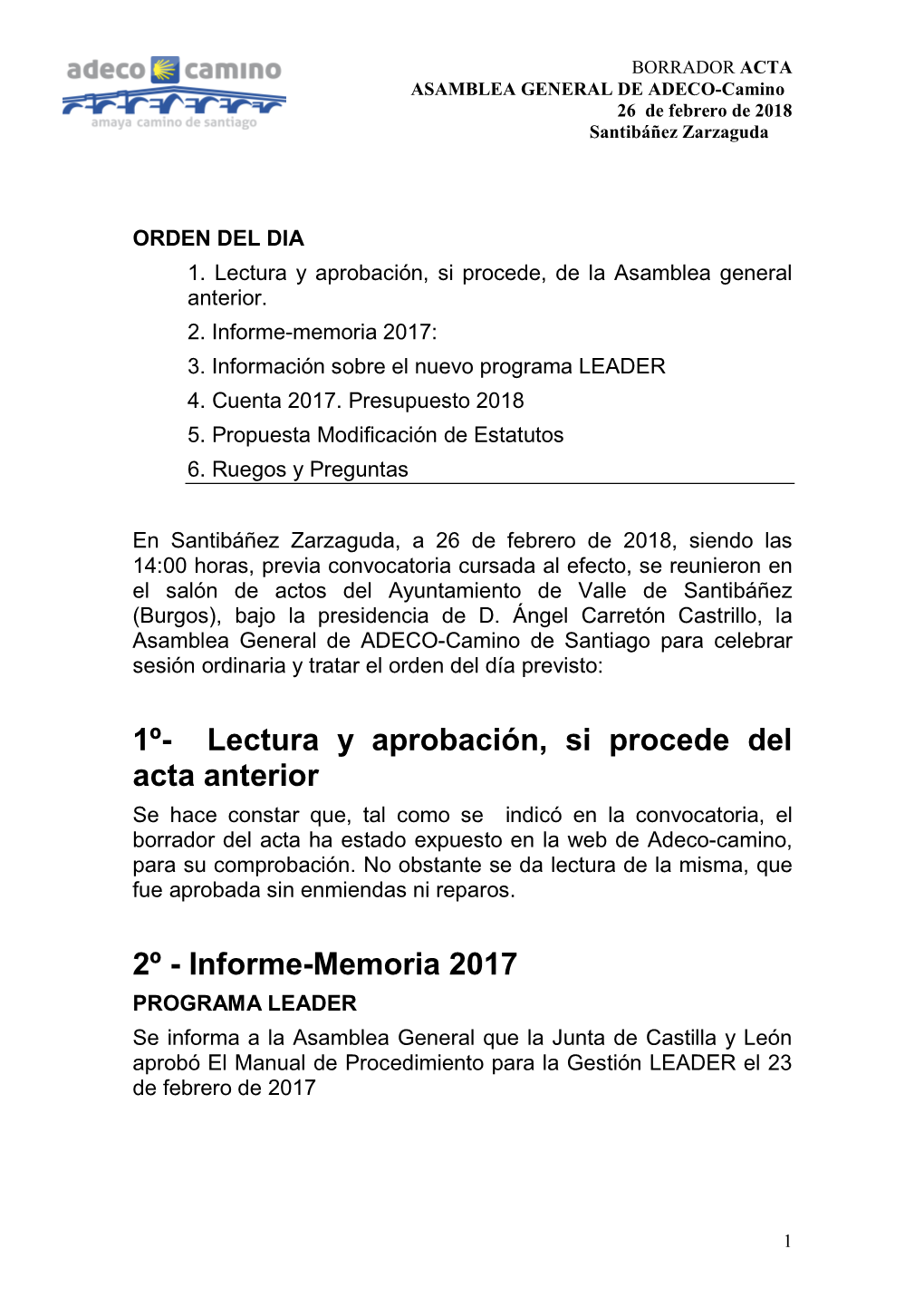 1º- Lectura Y Aprobación, Si Procede Del Acta Anterior 2º