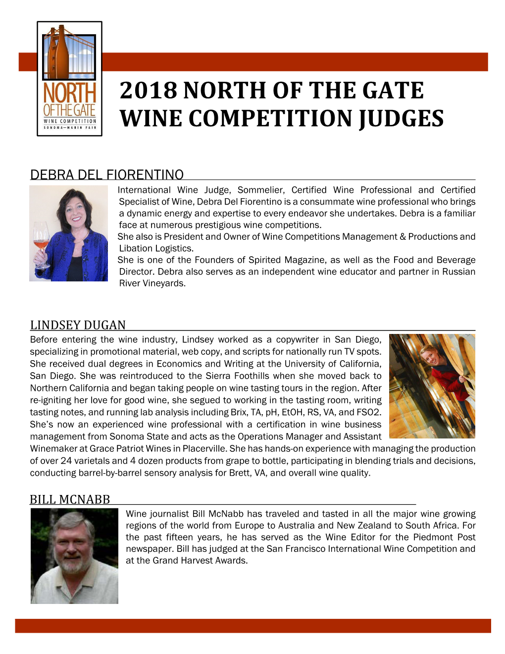 2018 North of the Gate Wine Competition Judges