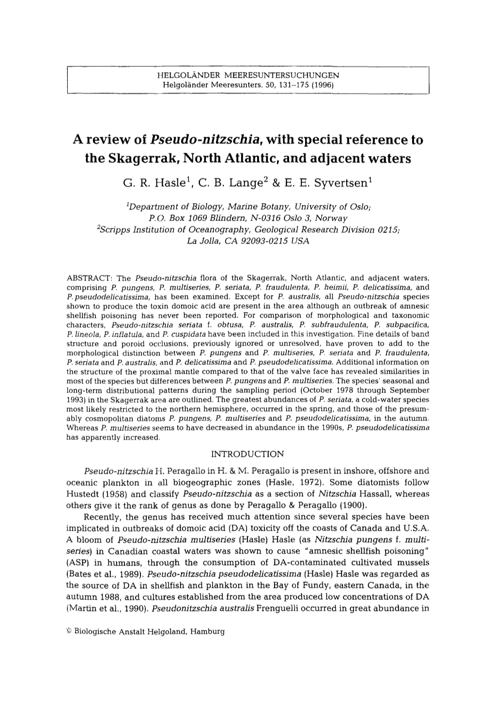 Pseudo-Nitzschia, with Special Reference to the Skagerrak, North Atlantic, and Adjacent Waters G