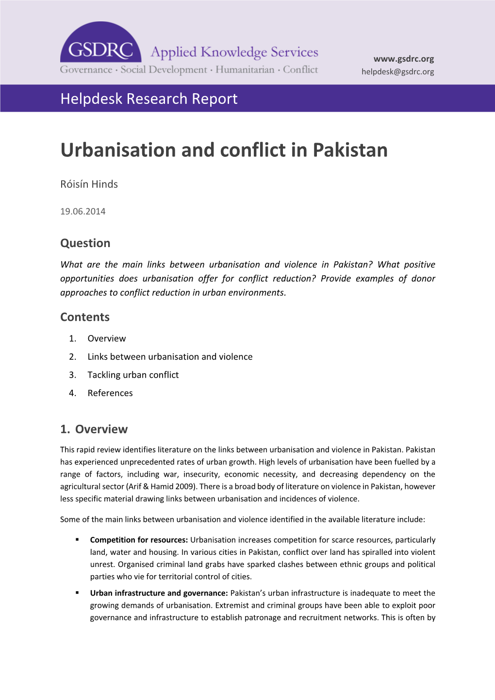Urbanisation and Conflict in Pakistan