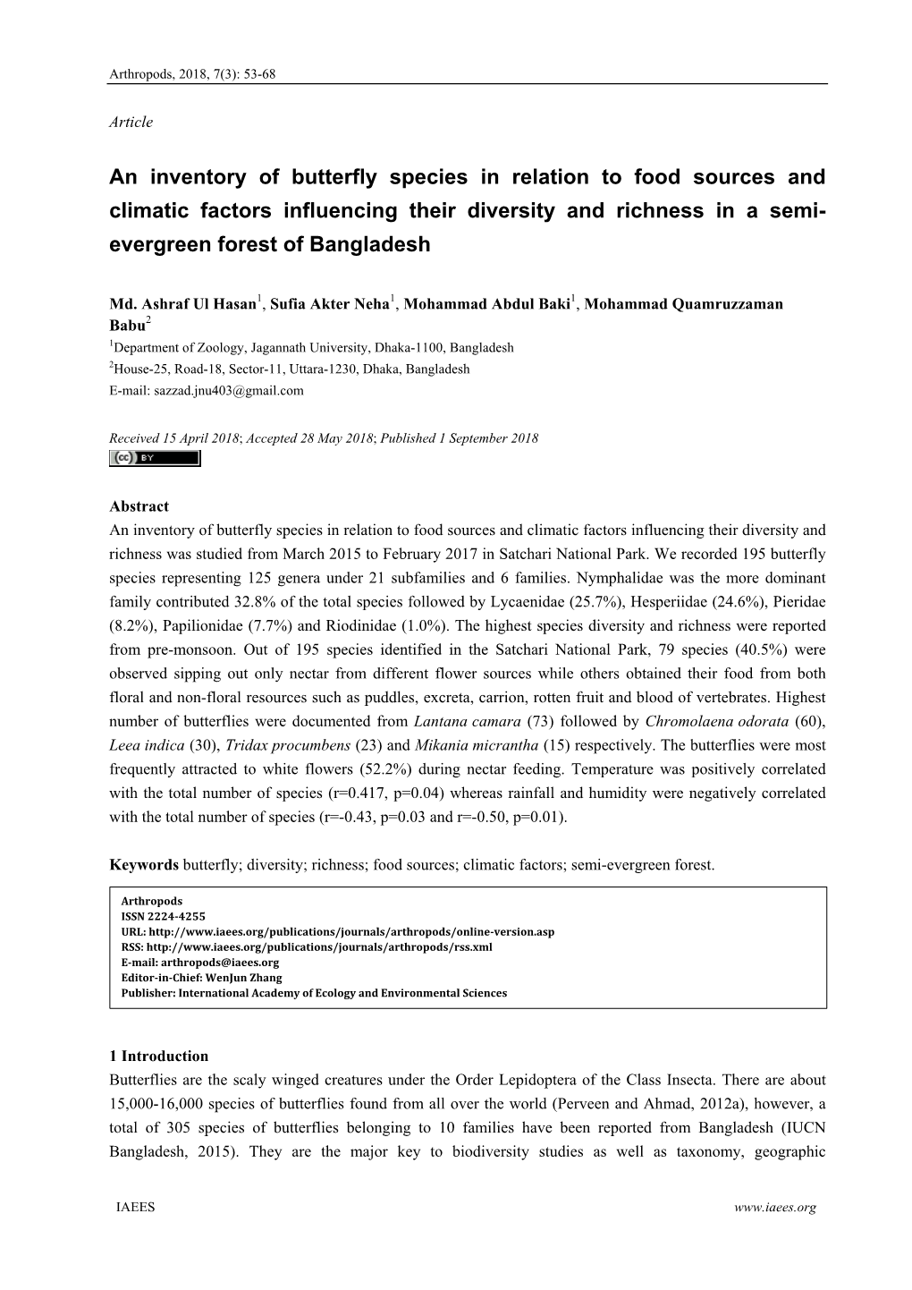 An Inventory of Butterfly Species in Relation to Food Sources and Climatic Factors Influencing Their Diversity and Richness in a Semi- Evergreen Forest of Bangladesh