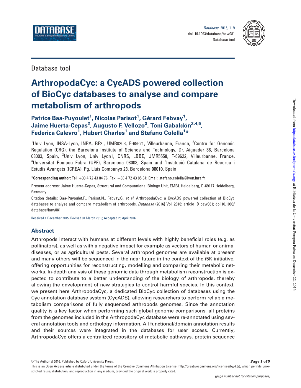 A Cycads Powered Collection of Biocyc Databases to Analyse and Compare Metabolism of Arthropods