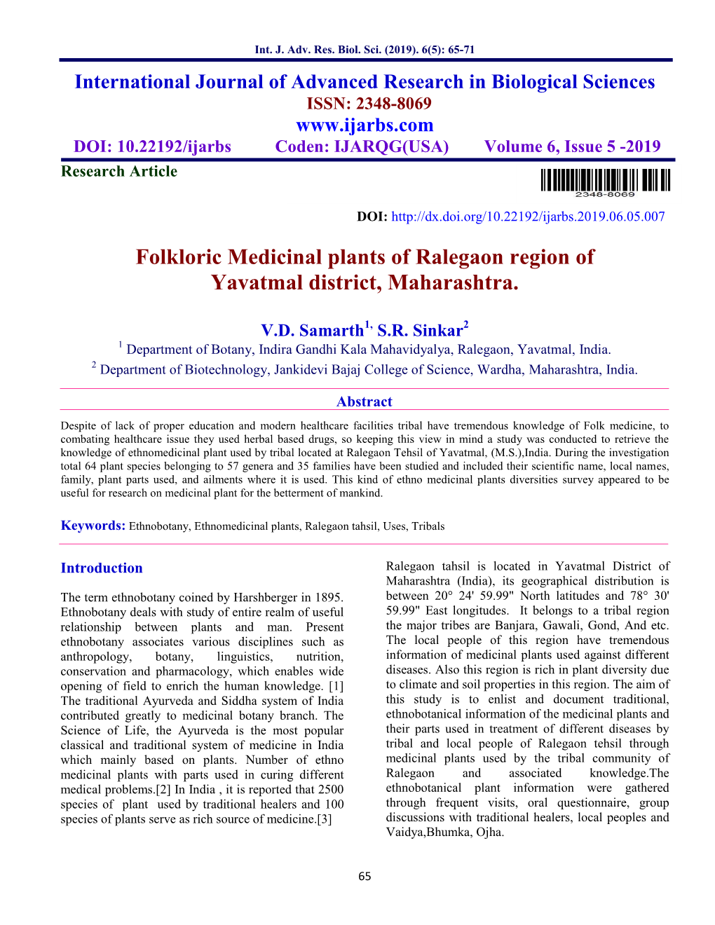 Folkloric Medicinal Plants of Ralegaon Region of Yavatmal District, Maharashtra