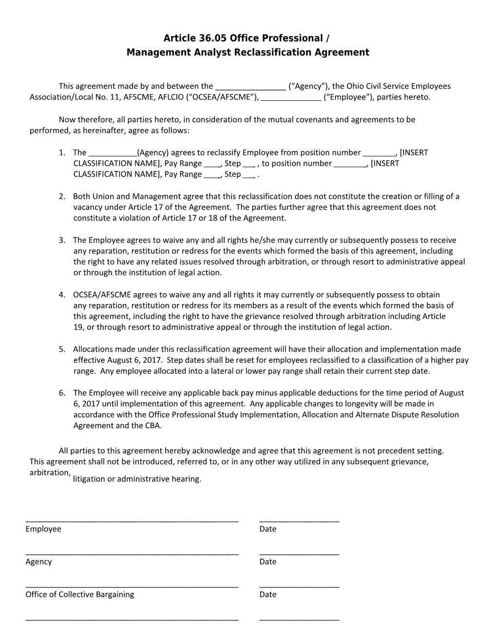 Management Analyst Reclassification Agreement