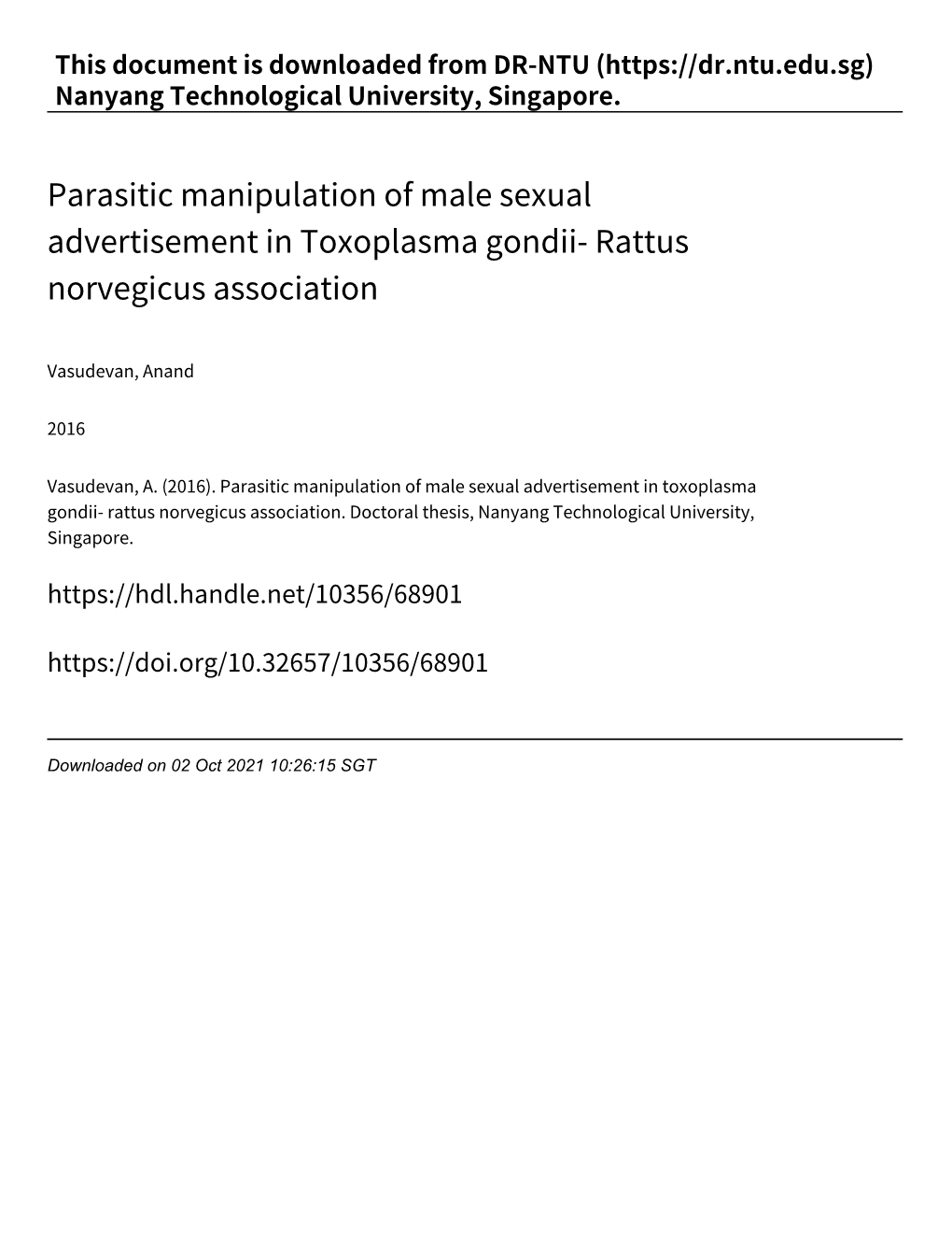 Parasitic Manipulation of Male Sexual Advertisement in Toxoplasma Gondii‑ Rattus Norvegicus Association