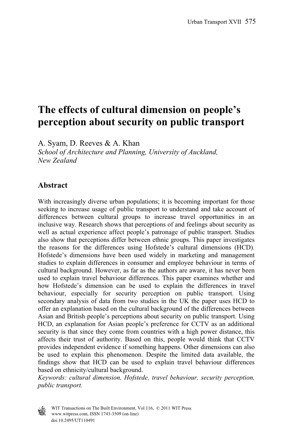 The Effects of Cultural Dimension on People's Perception About Security on Public Transport