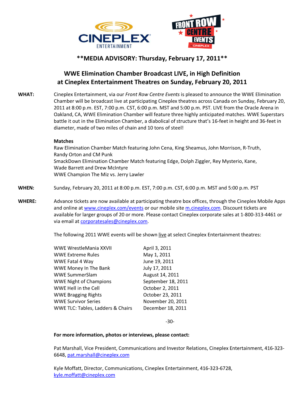 MEDIA ADVISORY: Thursday, February 17, 2011**