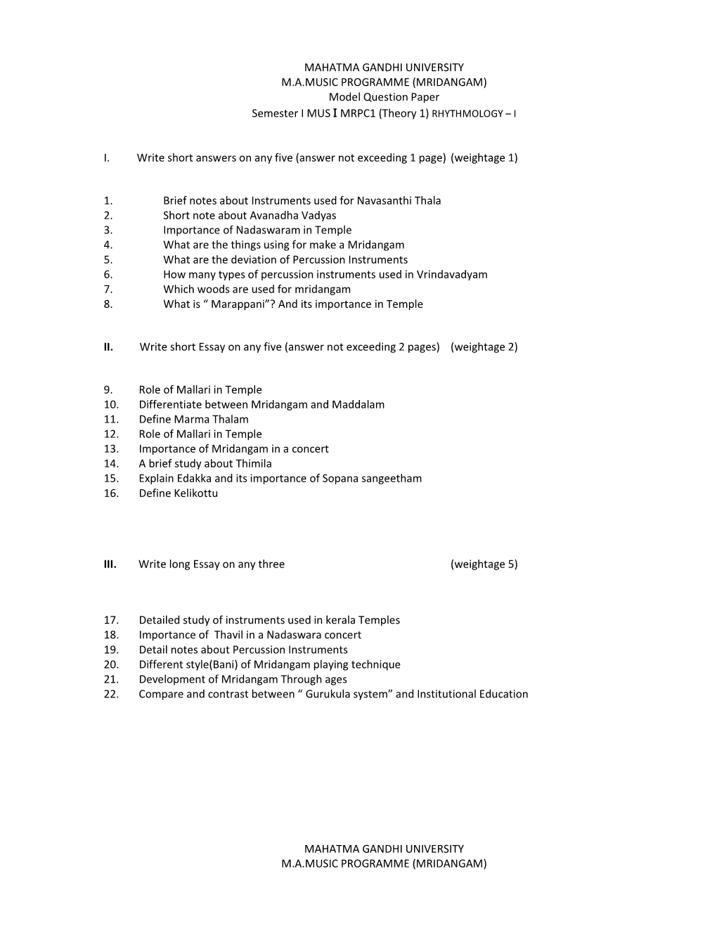 MRIDANGAM) Model Question Paper Semester I MUS I MRPC1 (Theory 1) RHYTHMOLOGY – I