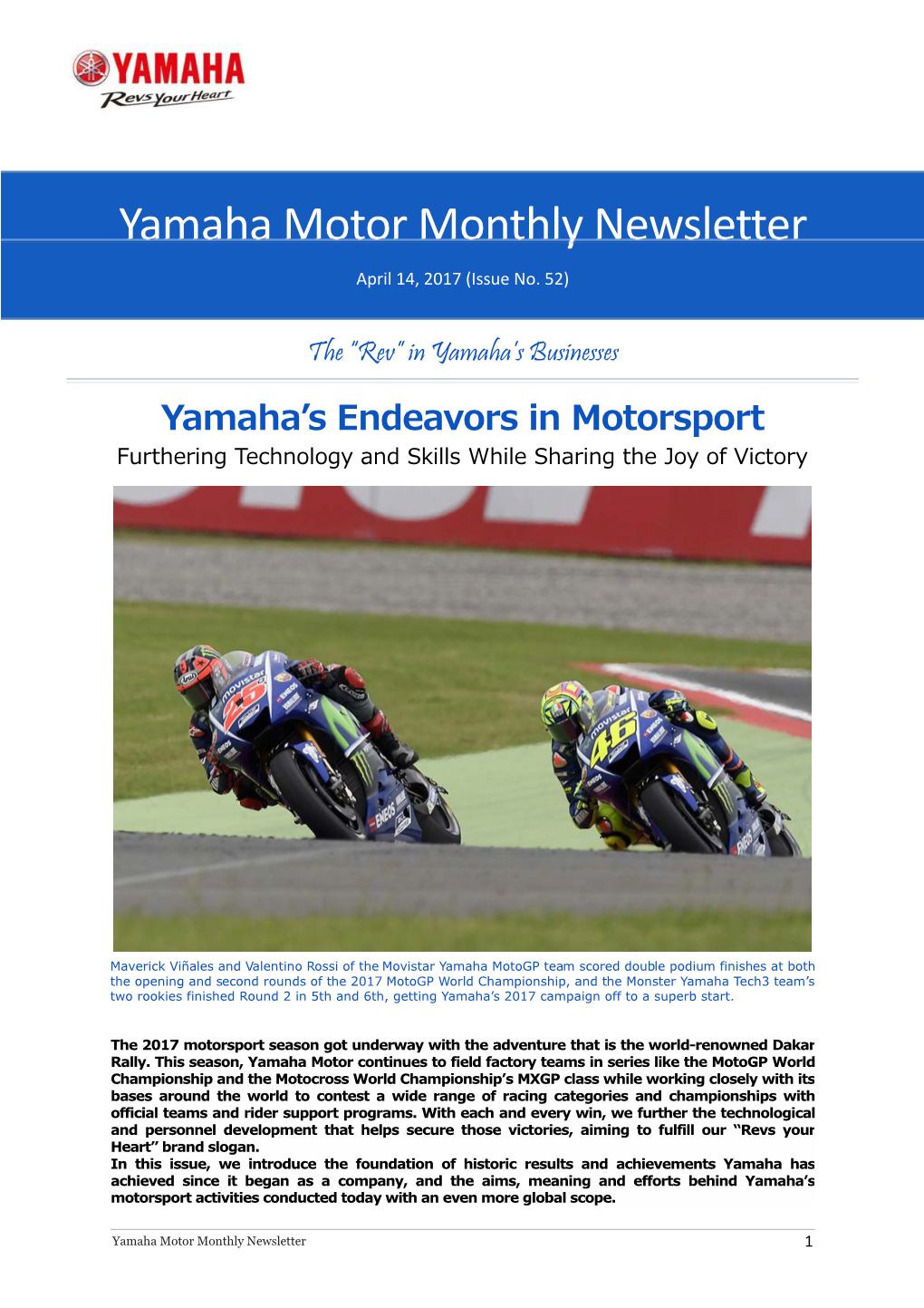 Yamaha Motor Monthly Newsletter