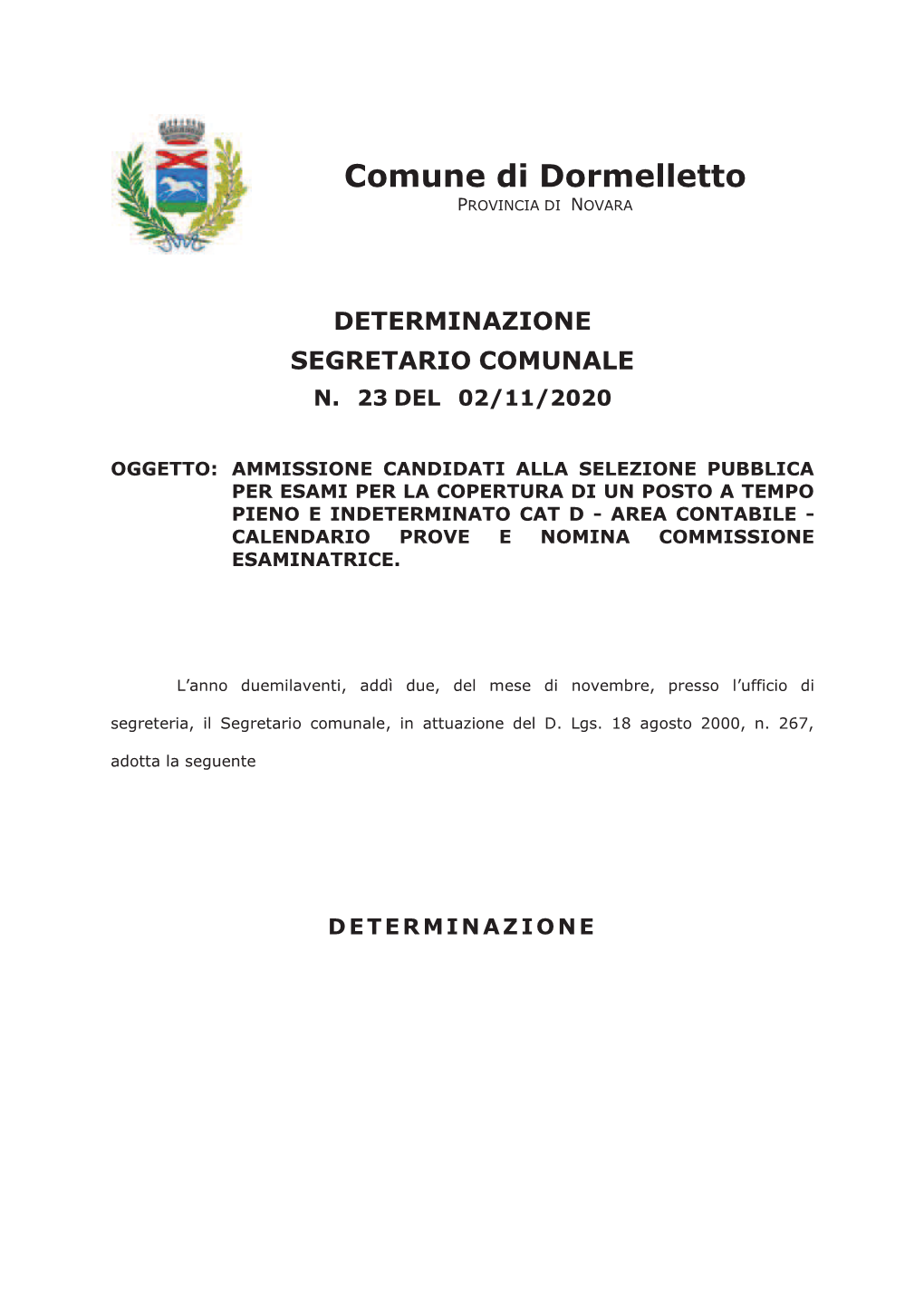 Determinazione Segretario Comunale N