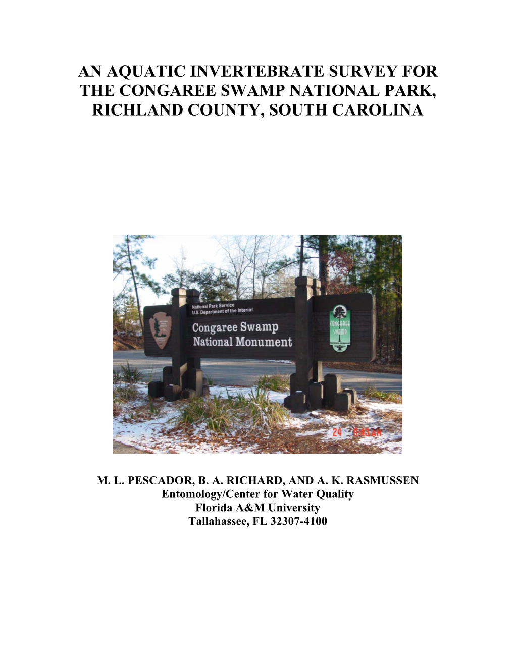An Aquatic Invertebrate Survey for the Congaree Swamp National Park, Richland County, South Carolina