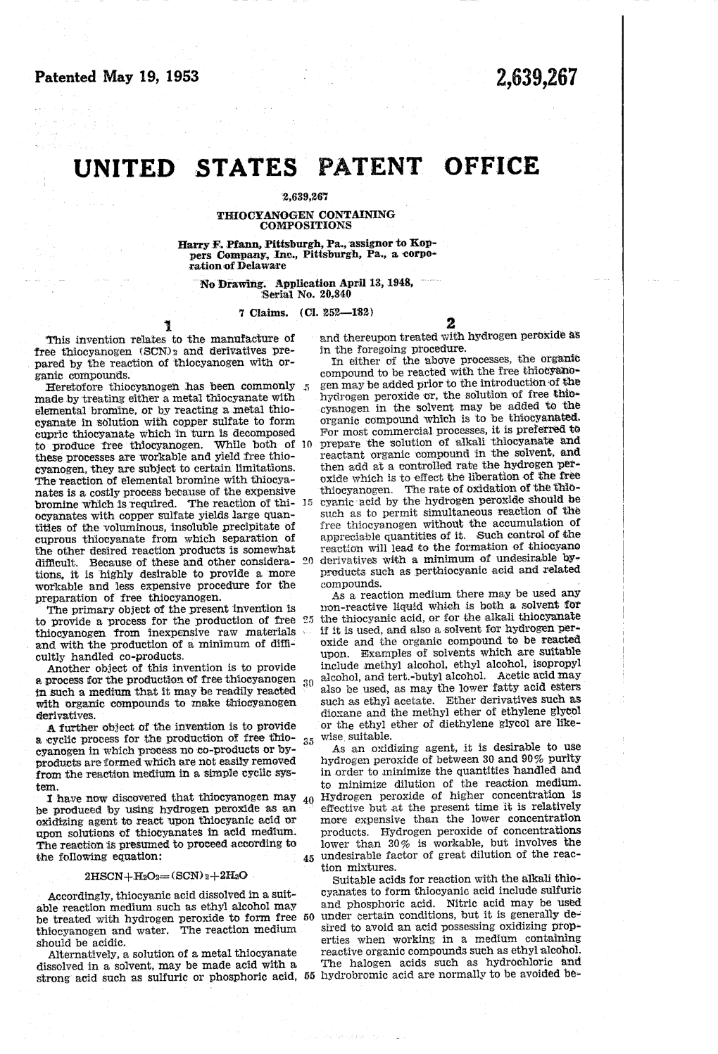 UNITED STATES PATENT Office 2,639,267 TEOCYANOGEN CONTAINING COMPOSITIONS Harry F