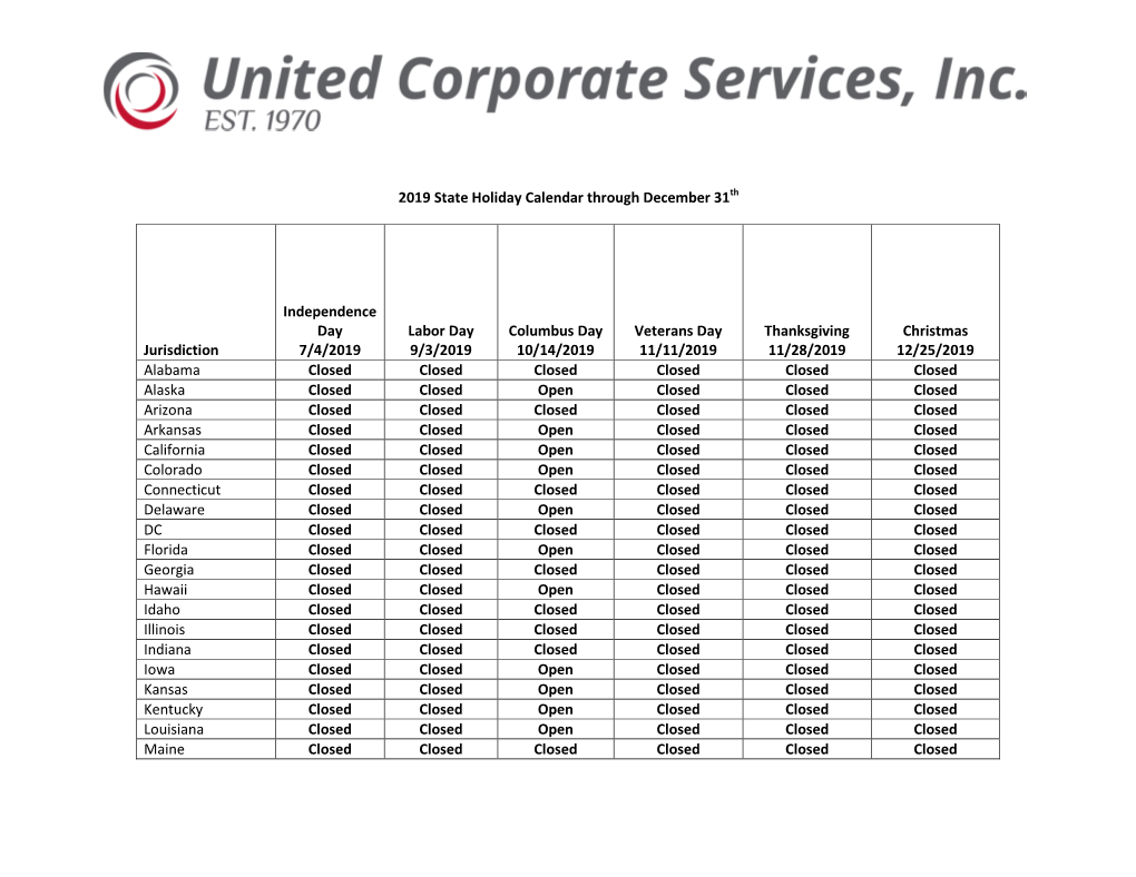 2019 State Holiday Calendar Through December 31Th Jurisdiction