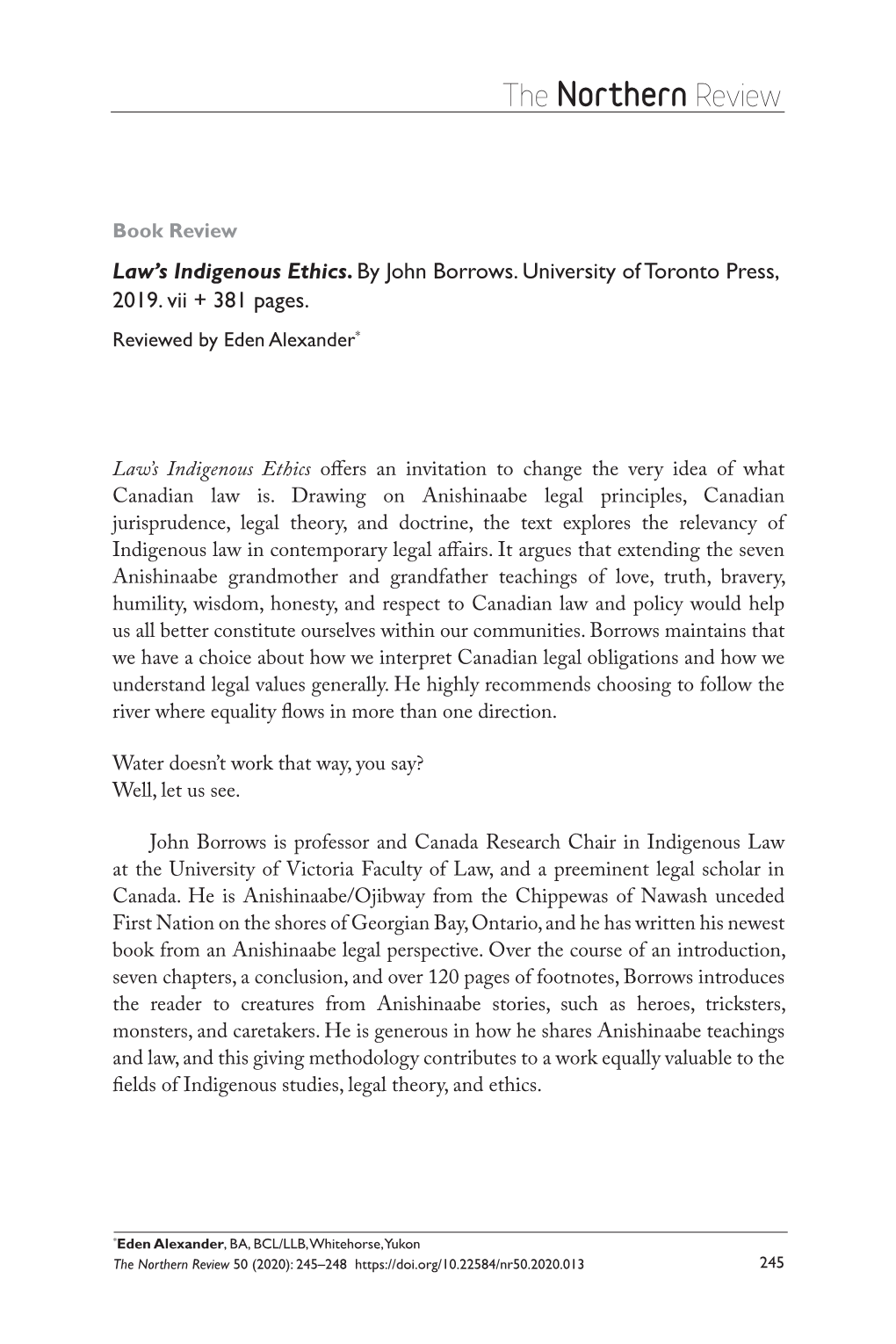 Review of Law's Indigenous Ethics, by John Borrows